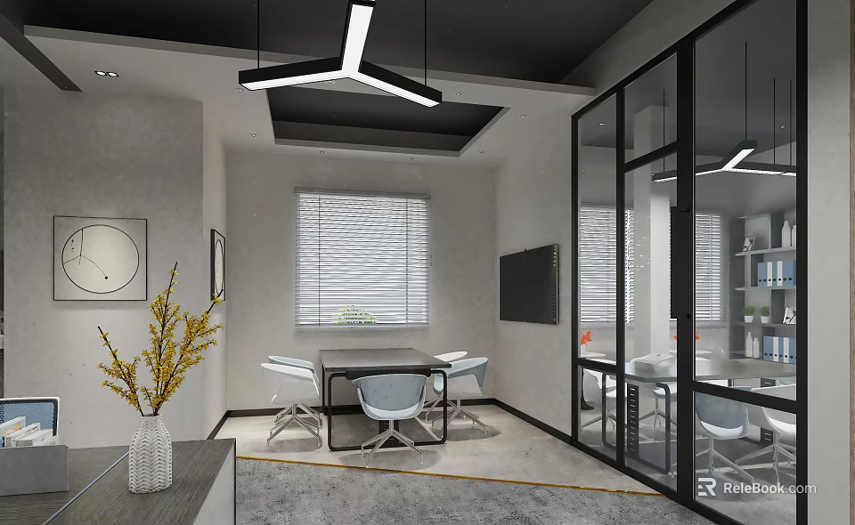 Modern Office Interior Design With Open Layout Glass Partitions Pendant Lights And Decorative Plants 3d model 