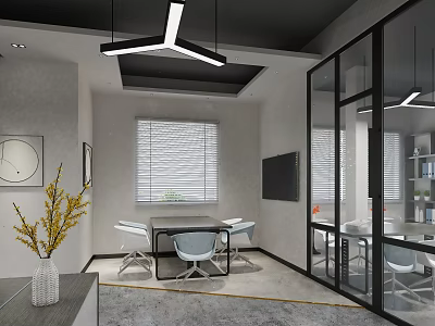 Modern Office Interior Design With Open Layout Glass Partitions Pendant Lights And Decorative Plants 3d model