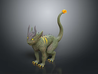 Green Mythical Creature 3D Model With Purple Horns Yellow Eyes Claws And Stripes 3d model