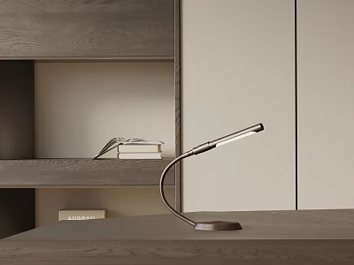 Modern Curved Arm Desk Lamp With Metal Base On Wooden Desk Near Bookshelf With Books 3d model