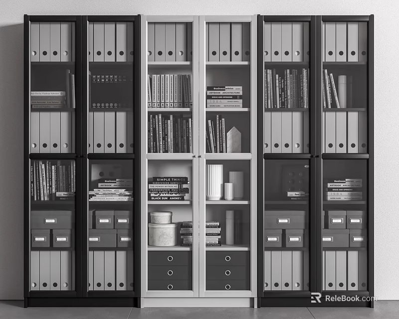 Modern Modular Bookcase with Books File Folders and Storage Jars 3d model 