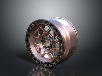 Shiny Rose Gold Car Wheel Rim With Metallic Spoke Design And Branded Center Cap 3d model