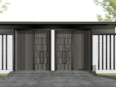 Modern Entrance Gate With Black Frame Grid Design Stone Steps And Surrounding Green Plants 3d model