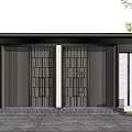 Modern Entrance Gate With Black Frame Grid Design Stone Steps And Surrounding Green Plants