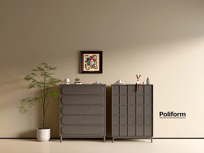 Modern Gray Entryway Cabinet And Side Cabinet With Potted Plant Framed Artwork And Decorative Items 3d model