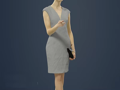 Stylish Woman in Grey Sleeveless Dress Holding Black Clutch Against Blue Backdrop 3d model