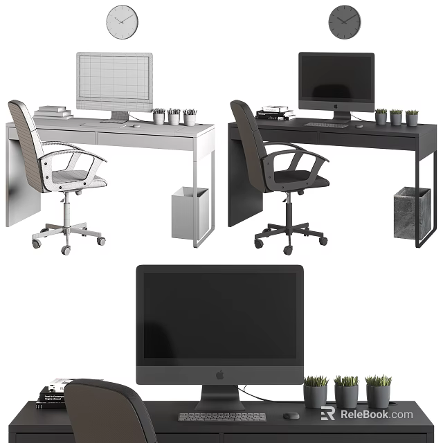 Modern Office Desk Setup With Computer Monitor Office Chair Trash Bin And Small Plants 3d model 