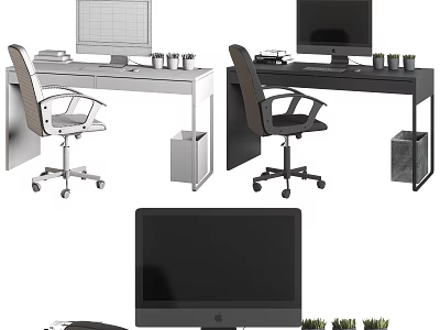 Modern Office Desk Setup With Computer Monitor Office Chair Trash Bin And Small Plants 3d model