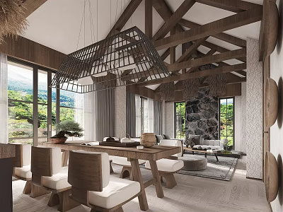 Open Modern Kitchen Interior Design With Dining Area And Pendant Lights 3d model