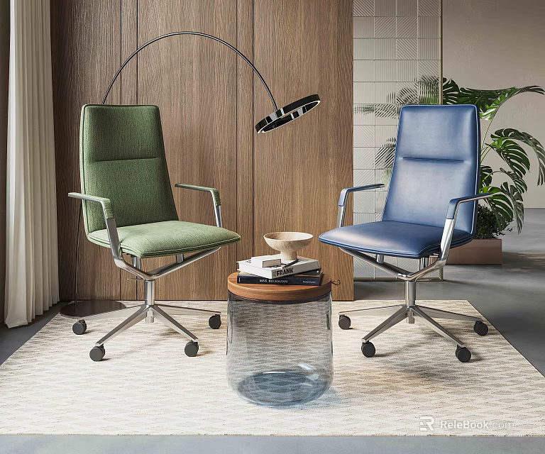 Modern Accent Chair And Round Side Table Set Green And Blue Upholstered Chairs With Floor Lamp In Living Room 3d model 