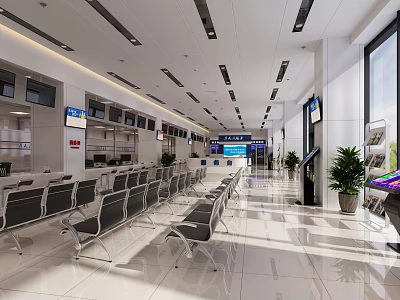 Modern Bright Service Hall Interior Design With Waiting Seats Counters And Information Screens 3d model