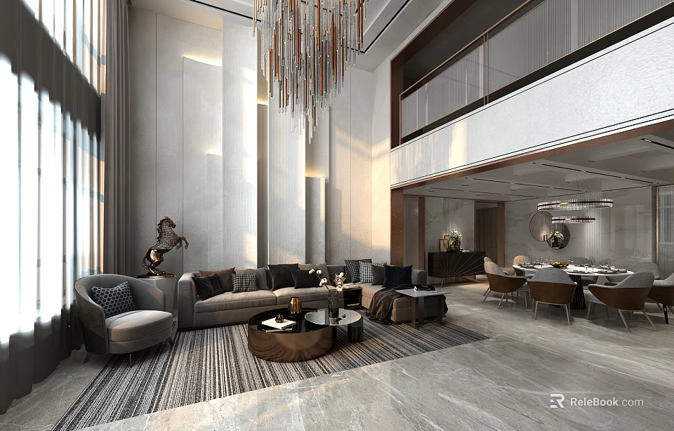 Duplex Living Room Interior with Spacious Layout Chandelier Sofa Coffee Tables and Dining Area 3d model 