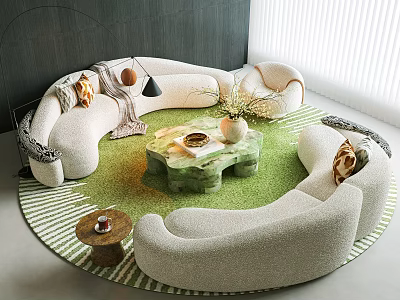 Modern Curved Boucle Sofa And Unique Marble Coffee Table Set For Elegant Comfortable Living Room 3d model