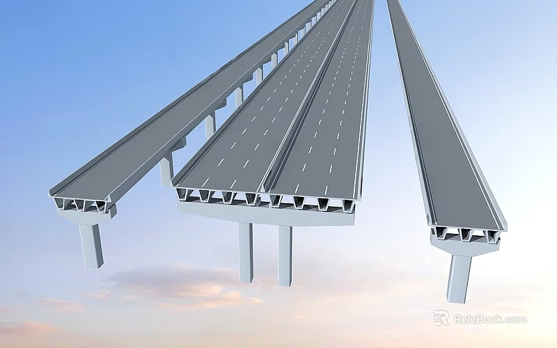 Modern Bridge Structure With Multi Lane Roadway And Support Beams Against Blue Sky 3d model 