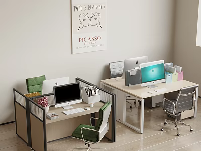 Modern Office Cubicle Desks With Computer Monitors Stationery Green Gray Chairs And Wall Poster 3d model