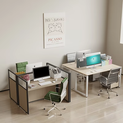 Modern Office Cubicle Desks With Computer Monitors Stationery Green Gray Chairs And Wall Poster 3d model