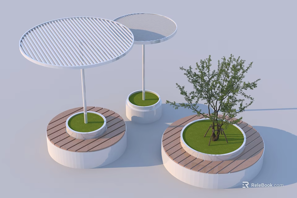 Landscape Seats With Circular White Canopies Wooden Bases And Green Grass Plus Small Tree 3d model 