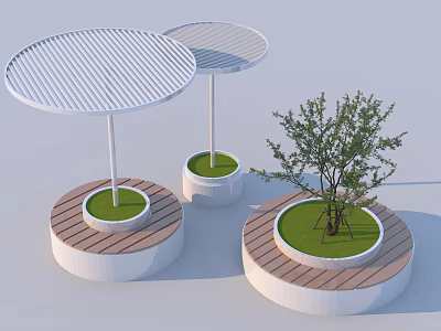 Landscape Seats With Circular White Canopies Wooden Bases And Green Grass Plus Small Tree 3d model