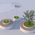 Landscape Seats With Circular White Canopies Wooden Bases And Green Grass Plus Small Tree