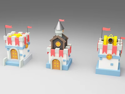 Three Colorful Cartoon Castle Models Featuring Red Flags Spire Tower And Golden Door Decorations 3d model