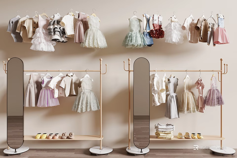 Children's Clothing Store Display With Various Dresses Hangers And Shoes 3d model 