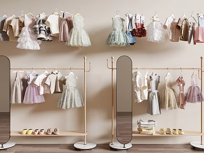 Children's Clothing Store Display With Various Dresses Hangers And Shoes 3d model