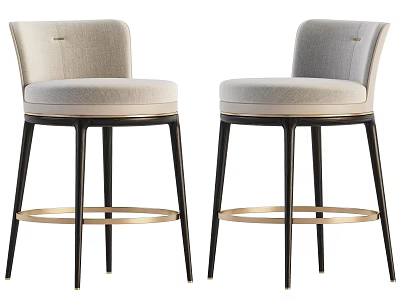 Modern Bar Stools With Beige Gray Upholstered Back Black Metal Legs And Gold Footrest Ring 3d model