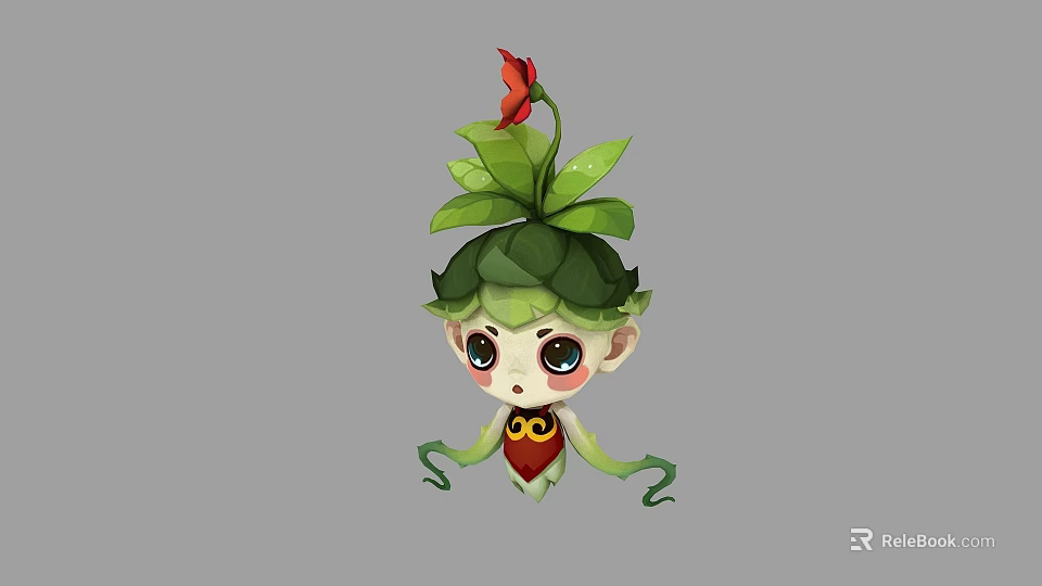 Cute Game and Movie Character With Green Leaf Headwear Red Flower and Vine Arms 3d model 
