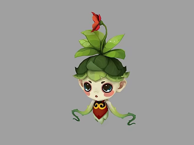 Cute Game and Movie Character With Green Leaf Headwear Red Flower and Vine Arms 3d model