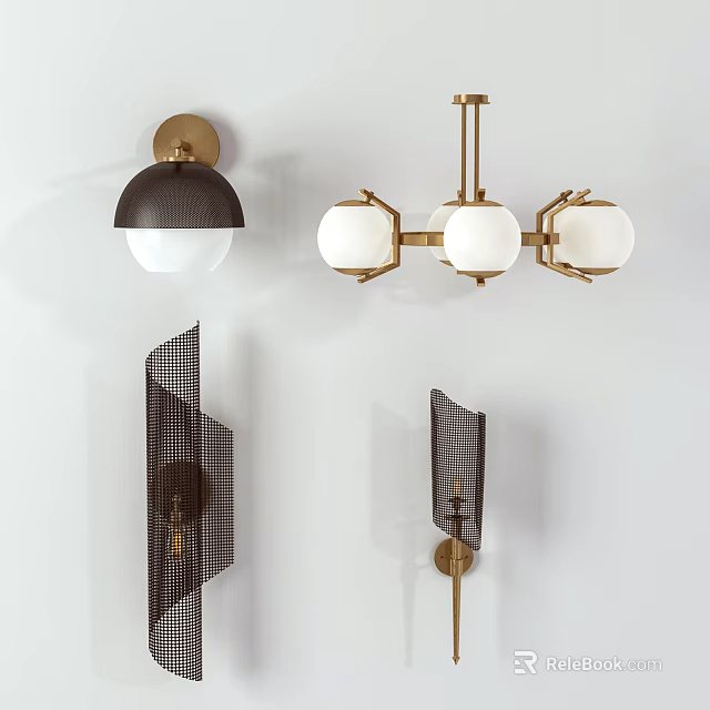 Modern Lighting Fixture Combination With Golden Frame White Spherical Shades And Black Mesh Wall Lamps 3d model 