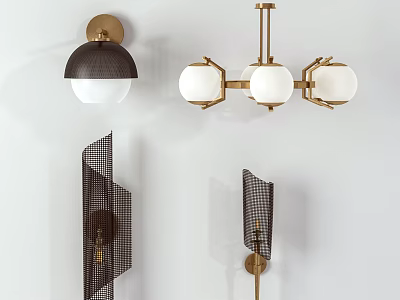 Modern Lighting Fixture Combination With Golden Frame White Spherical Shades And Black Mesh Wall Lamps 3d model