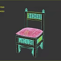 Wooden Dining Chair With Carved Openwork Design And Red Cushion With Colorful Patterns
