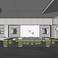 Modern Clothing Store Interior With Circular Glass Structure Display Racks Green Seats And Large Screen