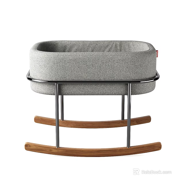 Modern Baby Crib With Gray Padded Mattress Metal Frame And Wooden Rocking Legs 3d model 