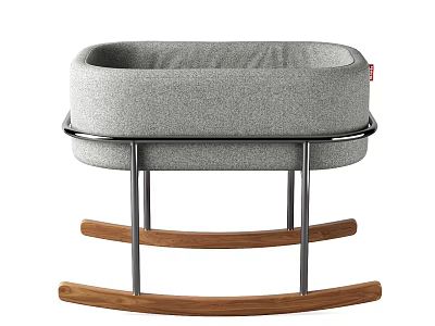 Modern Baby Crib With Gray Padded Mattress Metal Frame And Wooden Rocking Legs 3d model