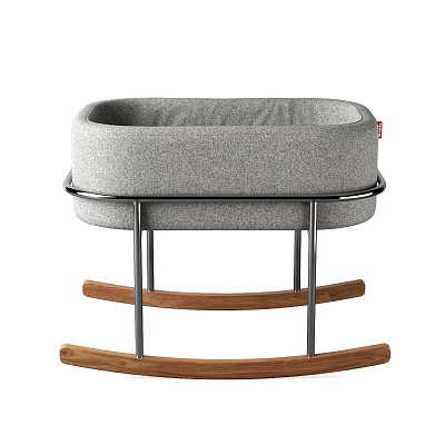 Modern Baby Crib With Gray Padded Mattress Metal Frame And Wooden Rocking Legs 3d model