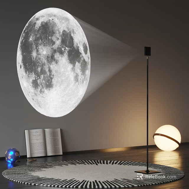 Moon Projection Lamp Illuminating Cozy Room With Open Book And Floor Lamp 3d model 
