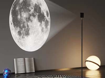 Moon Projection Lamp Illuminating Cozy Room With Open Book And Floor Lamp 3d model