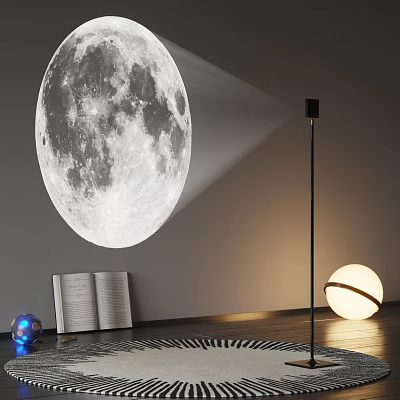 Moon Projection Lamp Illuminating Cozy Room With Open Book And Floor Lamp 3d model