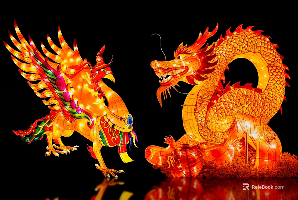 Colorful Illuminated Dragon And Phoenix Landscape Sculptures For Outdoor Night 3d model 