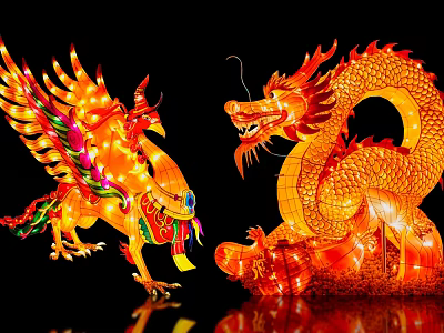 Colorful Illuminated Dragon And Phoenix Landscape Sculptures For Outdoor Night 3d model