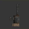 Old Fashioned Household Stove With Brick Base Chimney And Burning Red Flames