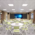 School Cafeteria Interior With Tables Chairs Windows Curtains And Ceiling Lights