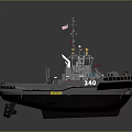 Gray Tugboat With Number 240 Deck Equipment And Flags On Water Surface