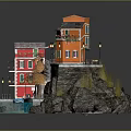 Cartoon Scene with Red and Orange Houses Stone Steps Blue Pool and Yellow Tree