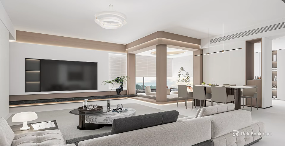 Modern Minimalist Living And Dining Room With Large TV Sofa Dining Table And Ceiling Light 3d model 