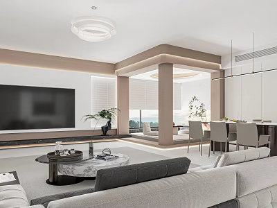 Modern Minimalist Living And Dining Room With Large TV Sofa Dining Table And Ceiling Light 3d model