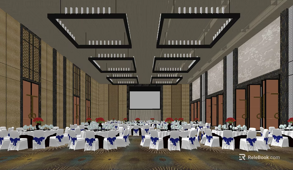 Elegant Banquet Hall With Modern Chandeliers White Tables And Blue Ribbon Decorations 3d model 