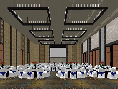 Elegant Banquet Hall With Modern Chandeliers White Tables And Blue Ribbon Decorations 3d model
