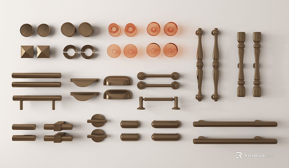 Various Metal Door Handles With Different Shapes And Bronze Brown Finishes 3d model 